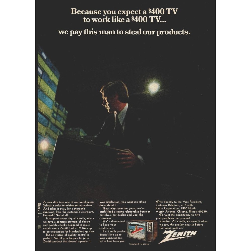 1972 Zenith Color TV Television Vintage Print Ad 70s Tech Businessman Wall Art